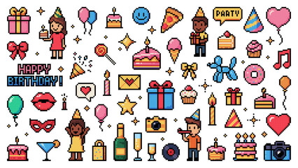 Birthday holiday 8bit pixel game icons and pictograms. Vector retro party set featuring cakes, balloons, gifts, party hats, drinks, and cheerful characters, exude celebrations or nostalgic events