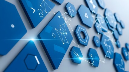 Abstract blue hexagons with connections forming a network on a digital grid