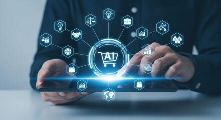 A man interacts with a tablet displaying a bright, glowing AI shopping cart interface, set against a dark blue background, symbolizing modern technology and innovation.