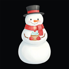 Cute Snowman Holding Cupcake Watercolor, Isolated on White Background, Vector Illustration
