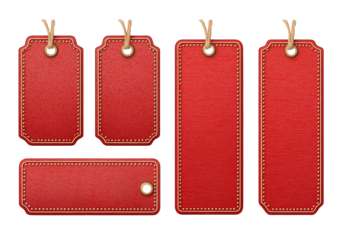 Collection of five red leather price tags with stitched edges and rope hangers isolated on a transparent background