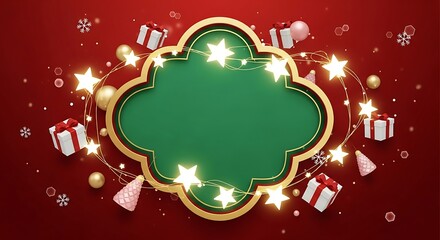 Green space surrounded by glowing stars and gifts creates a festive threedimensional scene