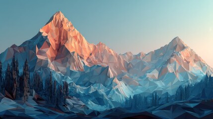 A majestic mountain range with a peak illuminated by the sun, surrounded by a forest and a clear sky.