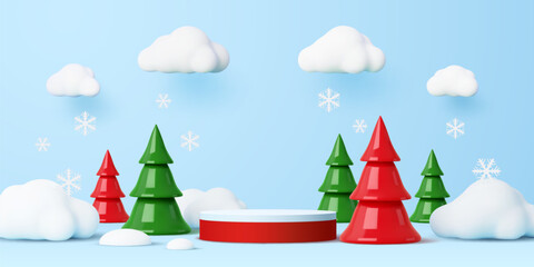 Christmas podium stand with pine trees and snowflakes. Xmas winter holiday vector background with 3d round podium, product display platform or presentation stand, red green Christmas trees and snow