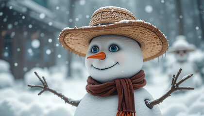 Snowman wearing a straw hat and a brown scarf stands in a snowy landscape, surrounded by falling snowflakes, embodying the joy of winter festivities and seasonal cheer