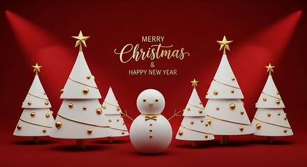 Elegant white Christmas trees and smiling snowman create a festive on a red backdrop