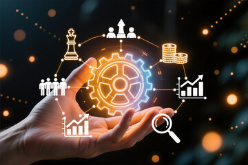 Business process management and workflow automation diagram with gears and icons with connection line network in background. Manager touching interface