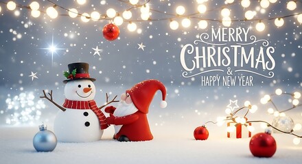 Santa embraces a smiling snowman wearing a scarf under soft, twinkling Christmas lights in the snow