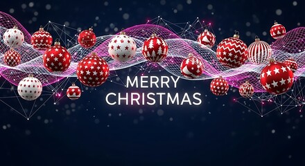 Dazzling Christmas greeting displays festive baubles and network patterns over a deep blue background