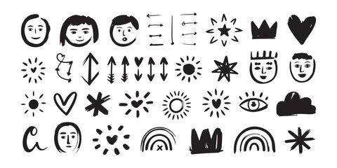 A collection of hand-drawn doodle icons including faces, arrows, stars, hearts, suns, crowns, and other abstract shapes