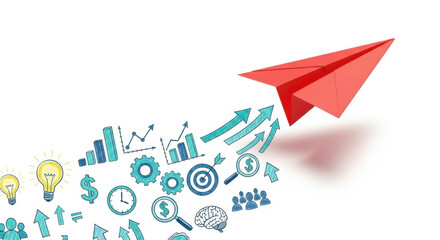 Red paper airplane takes flight above business and data graphics on a clean white background, symbolizing success, innovation, and strategic growth with icons and charts.