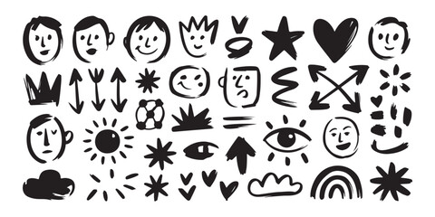A varied collection of hand-drawn scribble icons featuring faces, arrows, stars, suns, hearts, and abstract symbols