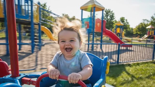 Joyful baby spinning on caroussel, pure childhood fun in motion blur