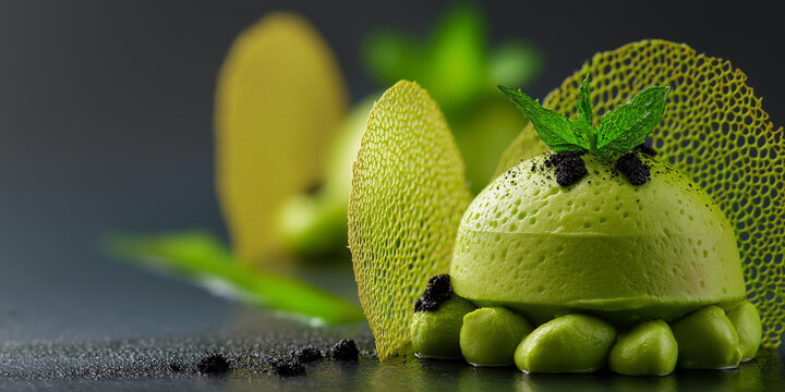 panoramic macro photo of vegan molecular avocado lime mousse with edible nanofiber tuile