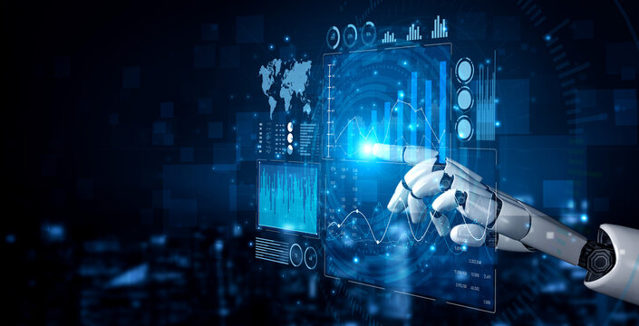 A futuristic robotic hand interacts with advanced data visualizations, representing seamless integration of technology and data analysis in the modern digital landscape. Scalp