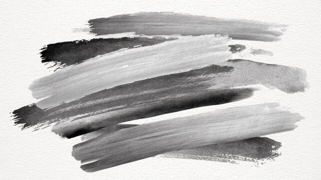 A collection of abstract black and white paint strokes on a textured white paper background. The strokes are varied in size and direction, creating a dynamic and artistic composition.