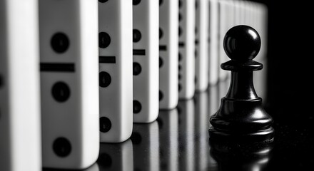 Black Chess Pawn Among Domino Pieces Strategy Challenge