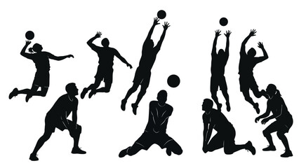 Silhouetted volleyball players in various positions, jumping, serving, and blocking the ball.