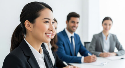 Fototapeta premium An Asian woman in a black blazer smiles at a bright conference table with her diverse team in the office. Includes themes such as communication and optimism.