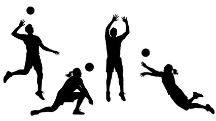 Silhouettes of volleyball players in various action poses during a game, showcasing different skills and movements.