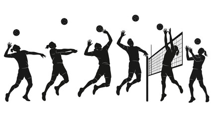 Silhouette sequence depicting volleyball players in action, showcasing various stages of the game with the net.
