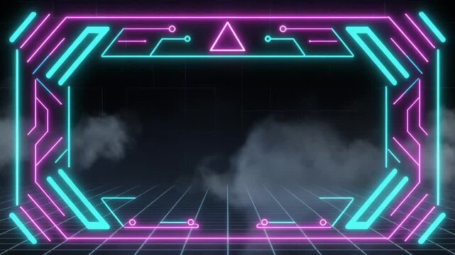 Futuristic neon game frame with digital grid and smoke effect