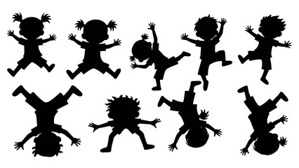 Silhouette collection of children in various playful poses, showcasing energetic movements and joyful expressions.