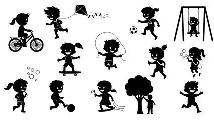A collection of black silhouettes of children playing various outdoor games and activities like cycling, skateboarding, and flying a kite.