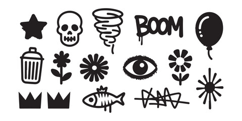 A collection of grunge vector illustrations featuring stars, skulls, tornadoes, 'boom' text, balloons, trash cans, flowers, eyes, crowns, fish, and barbed wire