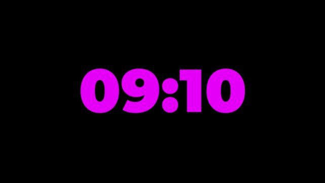 Digital countup clock timer in zero second to 10 minute. White text number on isolated black background. Element for overlay concept. 10 minute countdown timer with black