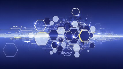 Abstract Digital Network with Glowing Hexagons and Data Flow in Blue