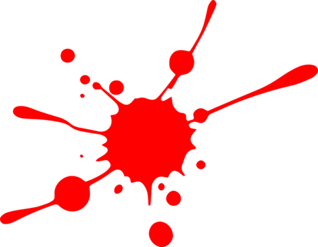 A dramatic red splatter against a stark black background visually striking