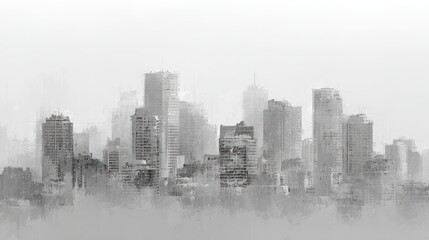 Minimalist urban skyline in grey and white with textured grunge brushstrokes, abstract architectural silhouettes suggesting growth, progress and contemporary city life