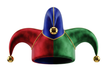 Highly detailed jester's hat (fool's cap) in lush red, blue, and green satin and velvet with reflective gold bells, isolated on a transparent background, close-up product photo. Concept of