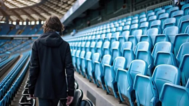 A high-resolution 4K footage perspective of neat rows of single seats inside a modern stadium, suitable for World Cup and general football event themes