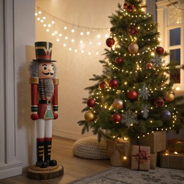 Nutcracker soldier standing next to decorated Christmas tree