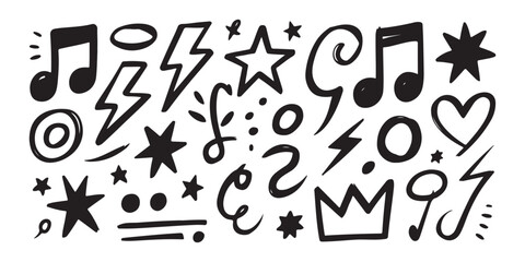 Vibrant set of hand drawn doodle design elements featuring musical notes stars lightning bolts and crowns isolated on white