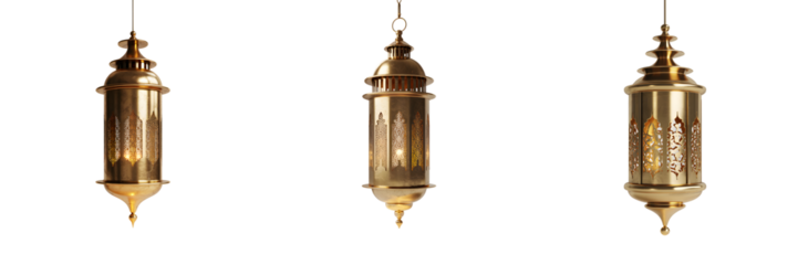 Three ornate golden islamic lanterns isolated on transparent background