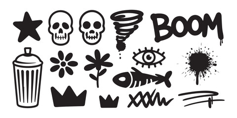 Set of various urban graffiti spray paint street art symbols, decorative design elements, comic boom explosion shapes © Abu