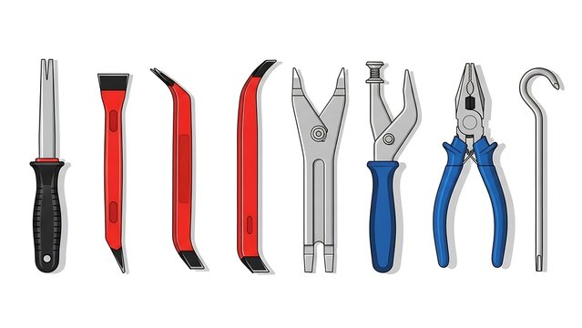 Assortment of Automotive Tools - Screwdriver, Pry Bars, and Pliers. - Powered by Adobe