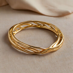 A meticulously crafted golden bracelet with an intricate design, radiating elegance and sophistication. A still life photograph presents the bracelet, revealing its texture and form.