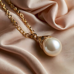 A luxurious gold necklace with a luminous pearl pendant rests gracefully upon a bed of flowing silk, embodying elegance and refinement.