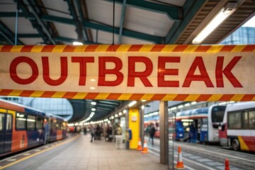 Outbreak warning banner over transport hub during pandemic crisis