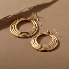 Exquisite gold hoop earrings with intricate designs rest against a neutral-toned background, radiating elegance and sophistication. 