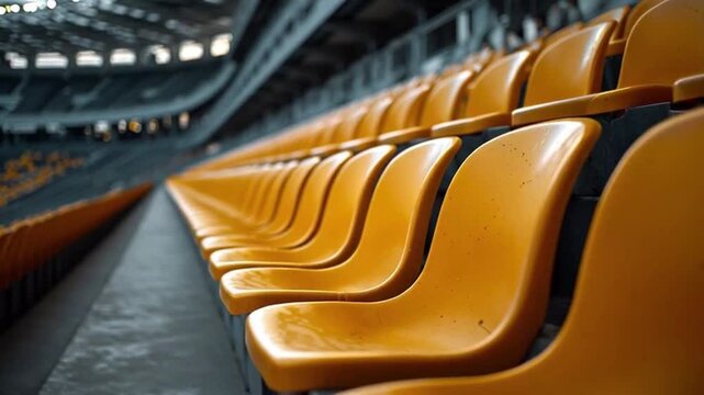A high-resolution 4K footage perspective of neat rows of single seats inside a modern stadium, suitable for World Cup and general football event themes