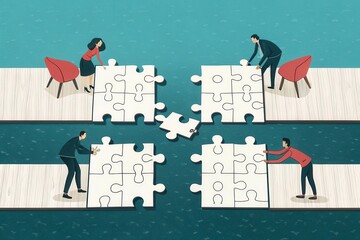 People assembling puzzle pieces on a negotiation table to connect