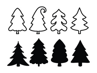 Christmas tree icon isolated on a white background. Black vector silhouette and outline of a Christmas tree.