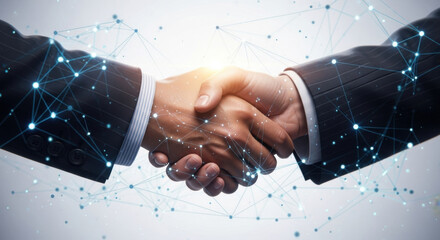 Two businessmen shaking hands overlaid with a digital network symbolizes partnership and global connection, set against a light background with a bright central glow.