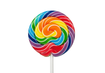 a hyperdetailed, intensely glossy rainbow swirl lollipop with vibrant geometric color spirals and a white stick, isolated on a bright studio background with copy space. concept for confectionery