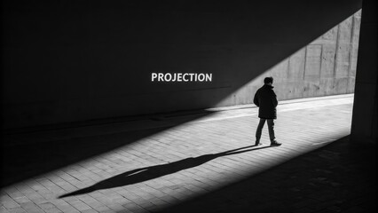 Person with long shadow walking in projected light